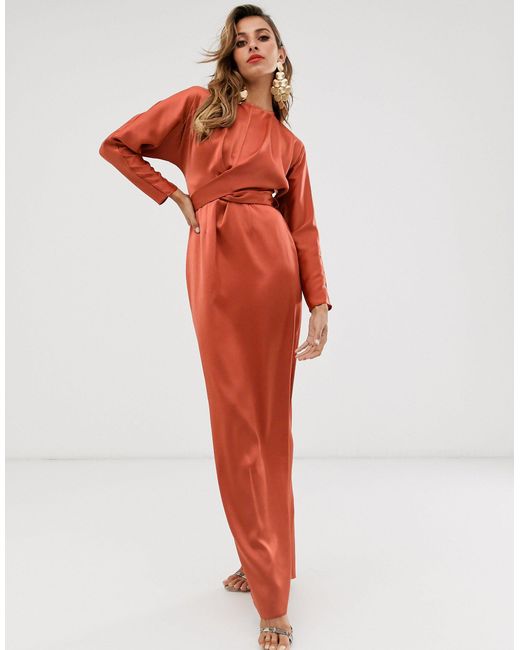 ASOS Maxi Dress With Batwing Sleeve And Wrap Waist In Satin in Orange (Red) | Lyst UK