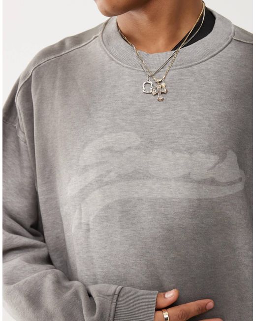 Weekday Gray Liam Oversized Sweatshirt With Faded Graphic Print And Frayed Seam Details for men