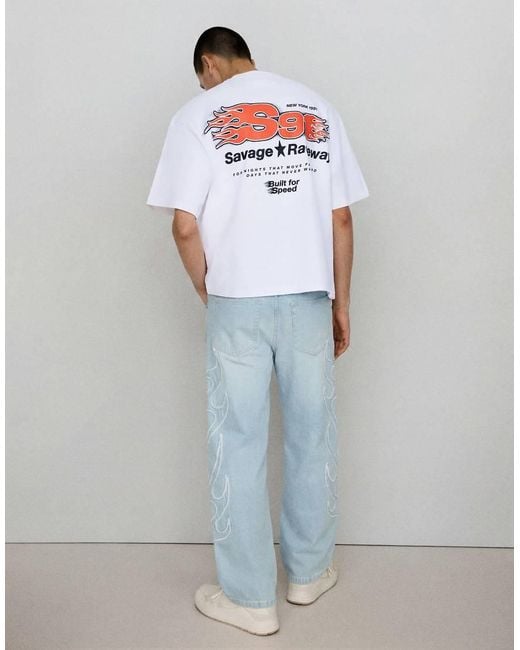 Bershka Blue Baggy Patch Jeans for men