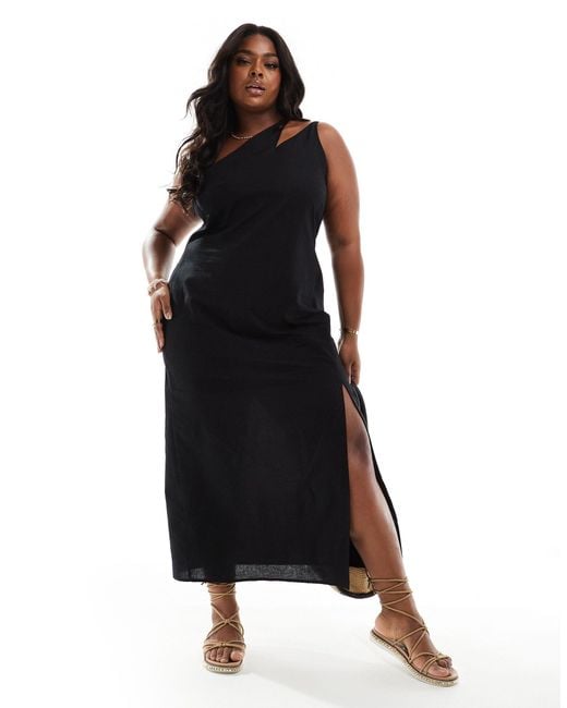Asos design curve robe d ete mi longue et asymetrique en lin avec bretelle fendue ASOS en coloris Noir Lyst