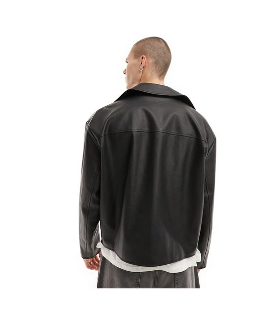 ASOS Black Faux Leather Oversized Cropped Biker Jacket for men