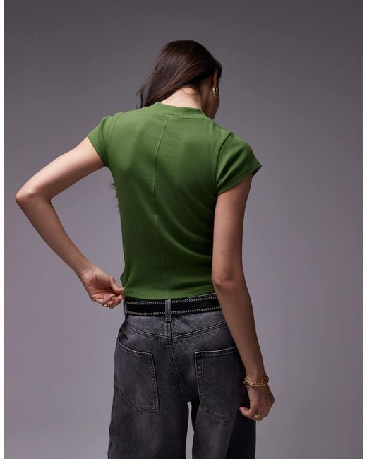 TOPSHOP Green Rib Fitted Curve Hem Tee