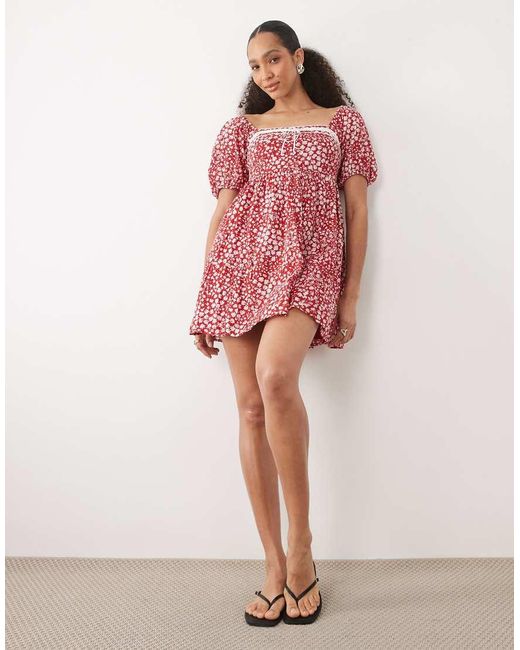 Abercrombie & Fitch Red Square Neck Milkmaid Mini Dress