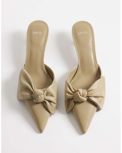 Mango White 100% Leather Oversized Bow Heeled Mules