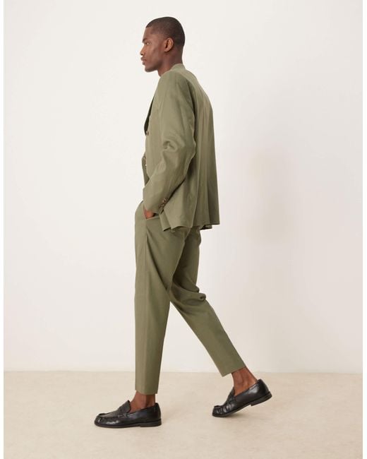 ASOS Green Linen Blend Tapered Suit Trousers for men