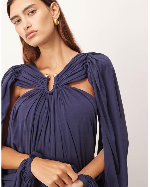 ARRANGE Blue Drape Midi Dress With Balloon Sleeve And Hardware Detail