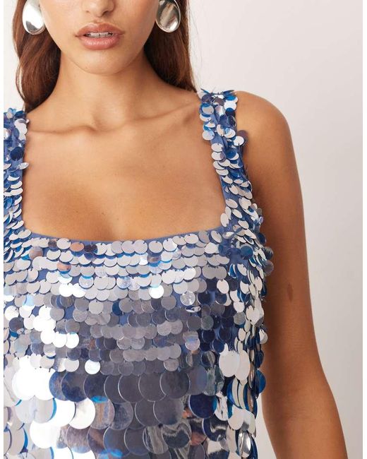 Vestido Midi Con Cuello Cuadrado Y Falda De Corte Amplio De Lentejuelas Grandes De ARRANGE de color White
