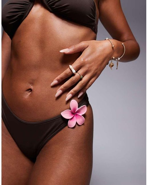 ASOS Brown Hallie Ibiza High Leg Bikini Bottom With Hibiscus Resin Trim