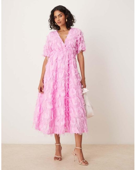 Y.A.S Pink Textured V Neck Midi Dress