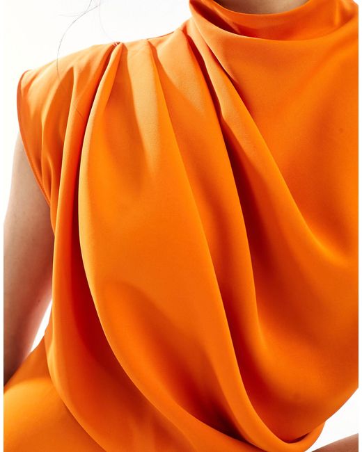 ASOS Orange High Neck Sleeveless Midi Dress With Draped Neck