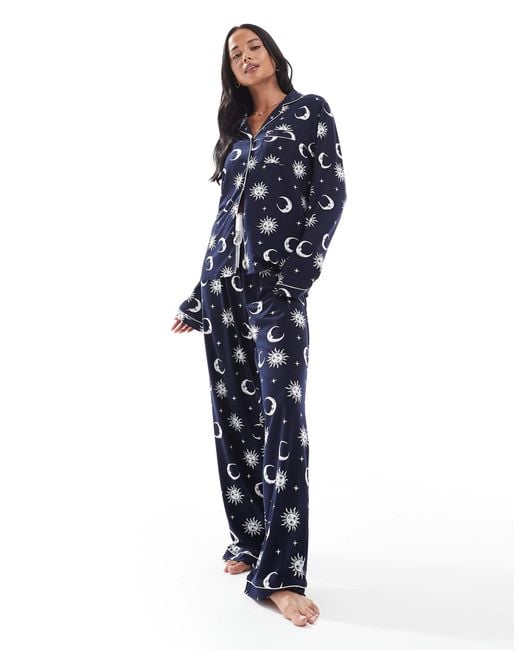 Loungeable Blue Super Soft Jersey Revere Top And Wide Leg Pajama Set With Piping Detail