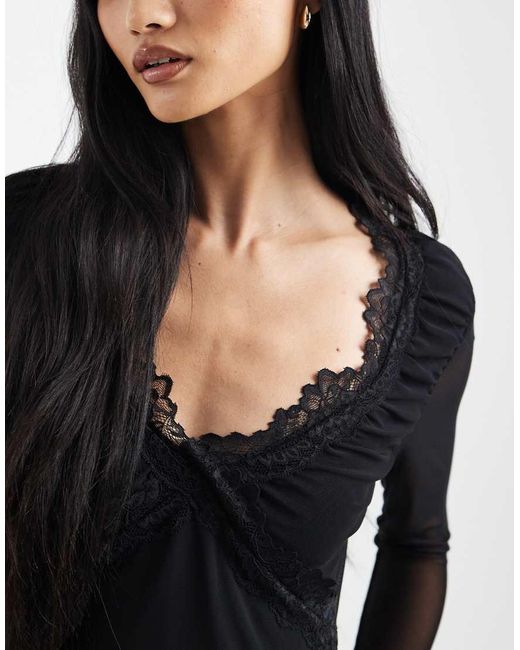 ASOS Black Mesh Lace Trim Plunge Long Sleeve Top