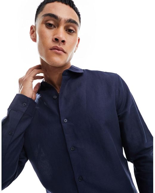 ASOS Blue Smart Linen Shirt With Cutaway Collar for men