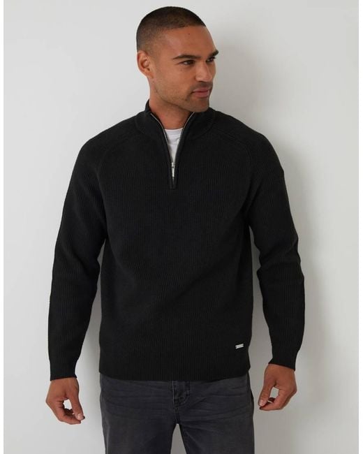 Threadbare Black Cotton Blend Rib Panel Quarter Zip Knitted Jumper for men