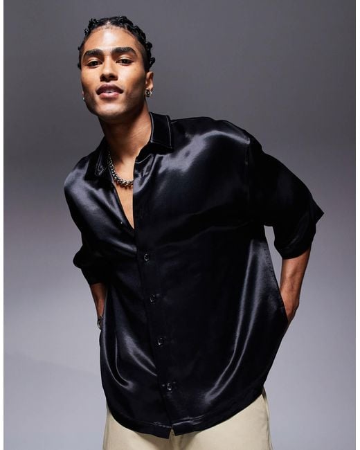 ASOS Oversized Half Sleeve Satin Shirt in Black for Men | Lyst
