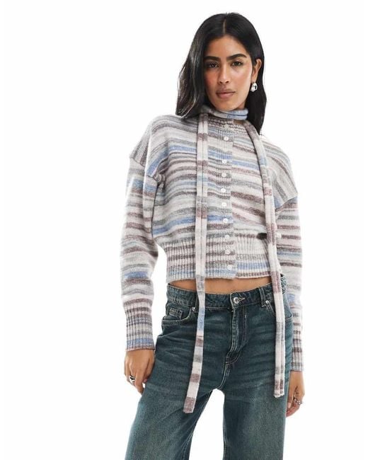 Daisy Street Gray Space Dye Striped Marl Button Through Cardigan With Scarf