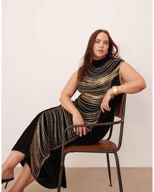 ASOS Curve Velvet Embellished Contour Draped Fringe High Neck Midi Dress in Black