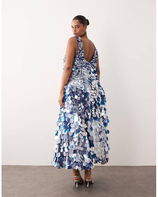 ARRANGE Blue Curve Embellished Disc Sequin Square Neck Full Skirt Midi Dress