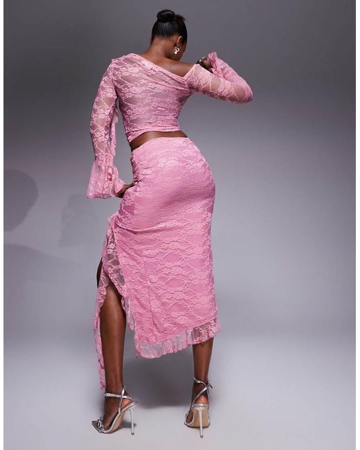 Love Triangle Pink Asymmetric Ruffle Lace Midi Skirt Co-ord