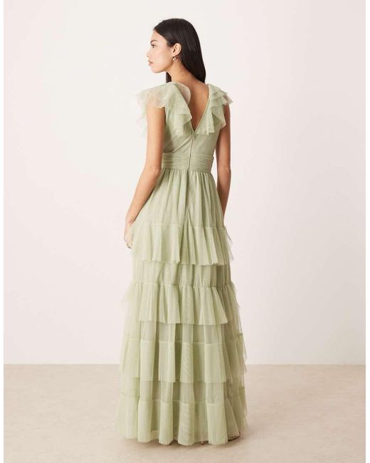 LACE & BEADS Natural Tulle Flutter Sleeve Tiered Frill Maxi Dress