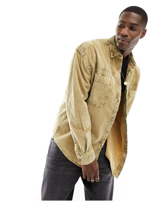 ASOS Natural 90s Oversized Snow Wash Cord Shirt With Frayed Seams for men