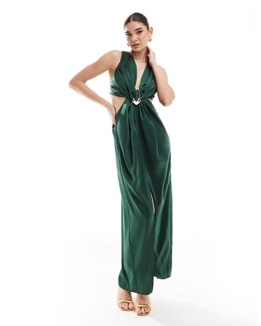 ASOS Green Satin Plunge Front Maxi Dress With Buckle