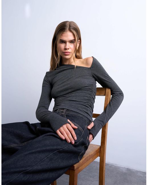 Top froncé brossé à encolure asymétrique et manches longues - anthracite TOPSHOP en coloris Blue