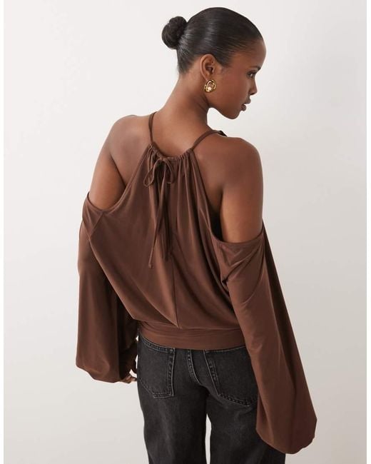 ASOS Brown Slinky Cold Shoulder Blouson Top With Balloon Sleeves