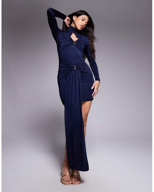 Ruched & Ready Blue Sculpted High Neck Keyhole Detail Gold-tone Hardware Drape Mini Dress