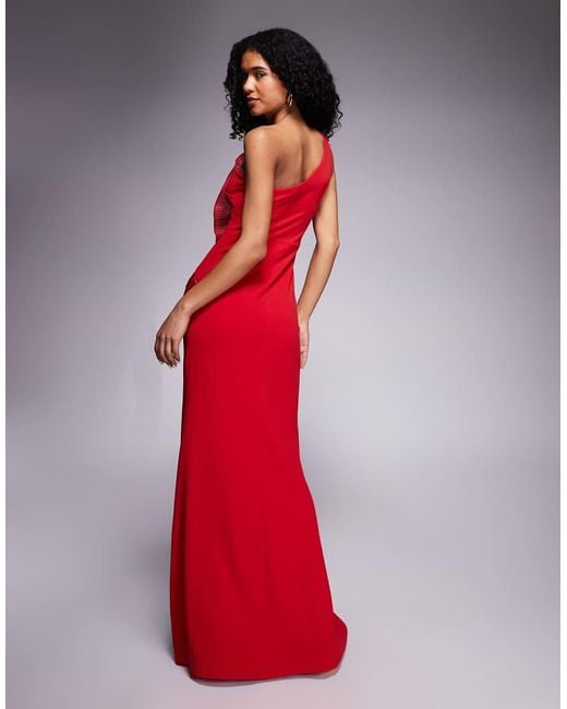 Goddiva Red One Shoulder Pleated Fan Maxi Dress