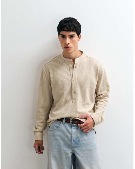 ASOS Natural Relaxed Overhead Textured Shirt With Grandad Collar for men