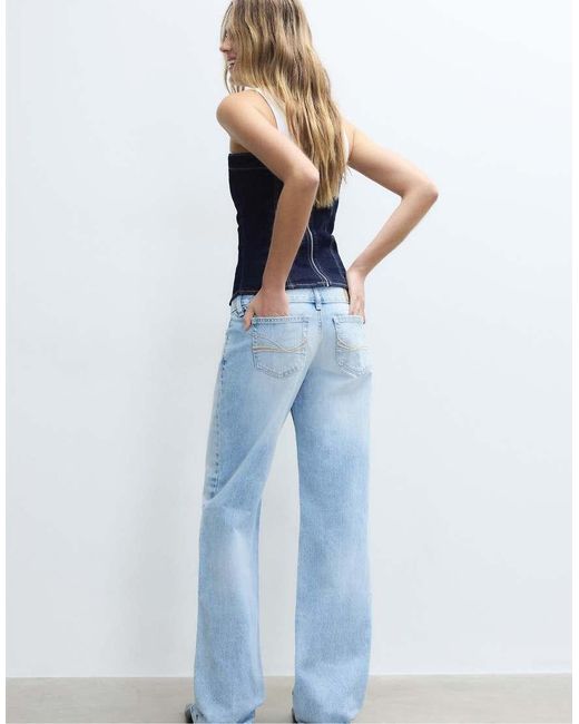 Stradivarius Blue Low-Waist Straight-Leg Hammer-Loop Jeans