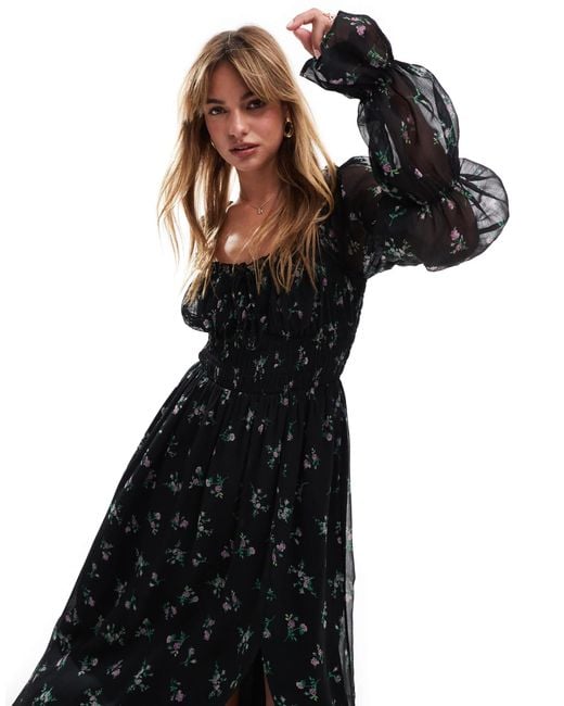 ASOS Black Milkmaid Long Sleeve Sleeve Shirred Waist Midi Dress