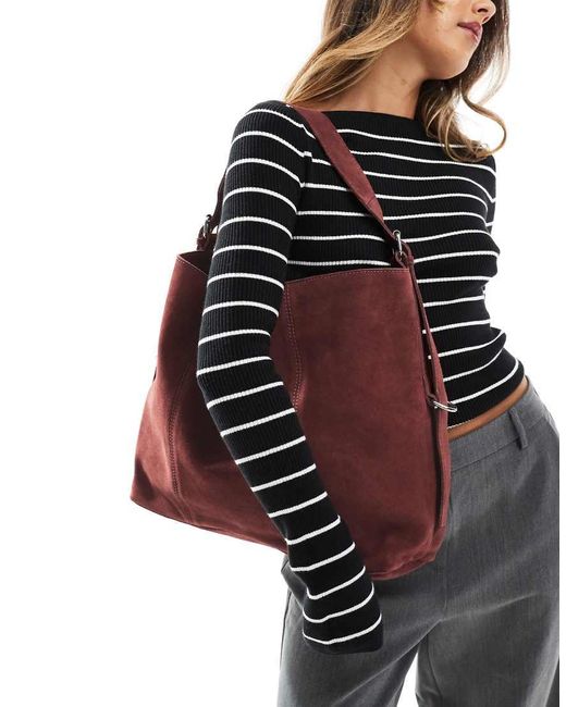 ASOS Red Suede Tote Bag With Buckle Detail