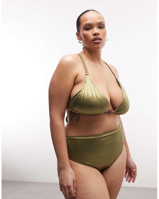 ASOS Green Asos Design Curve Keira High Shine High Apex Triangle Bikini Top With Strappy Back And Bead Detail