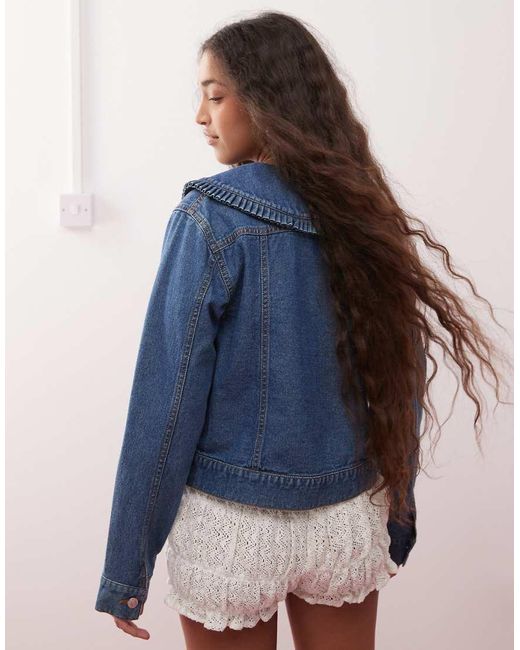 Miss Selfridge Denim Jack Met Gestrikte Voorkant En Ruches Aan De Kraag in het Blue