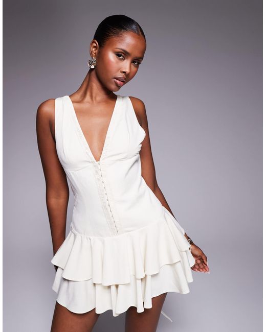 Murci Plunge Hook & Eye Ruffle Hem Mini Dress in White | Lyst