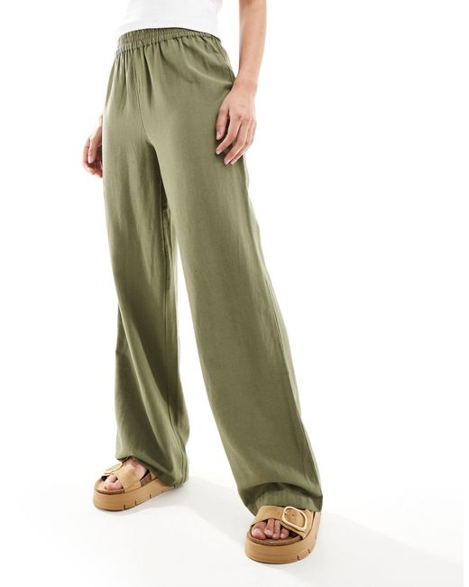 Pantalon large aspect lin - kaki Pieces en coloris Green