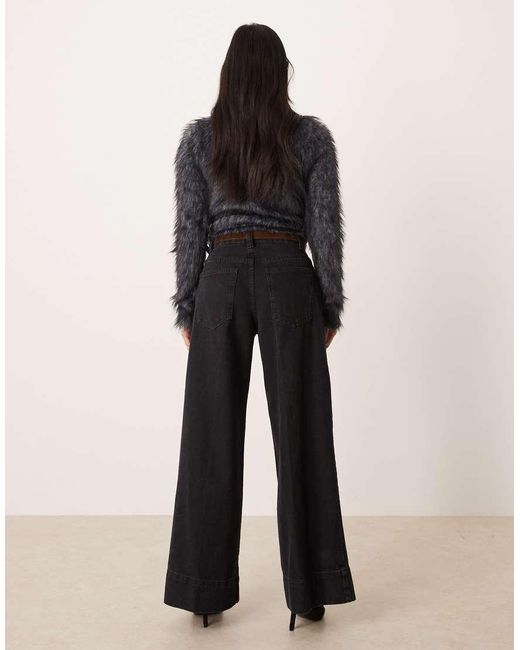 ASOS Blue Asos Design Petite Wide Leg Jean With Crease Front And Belt