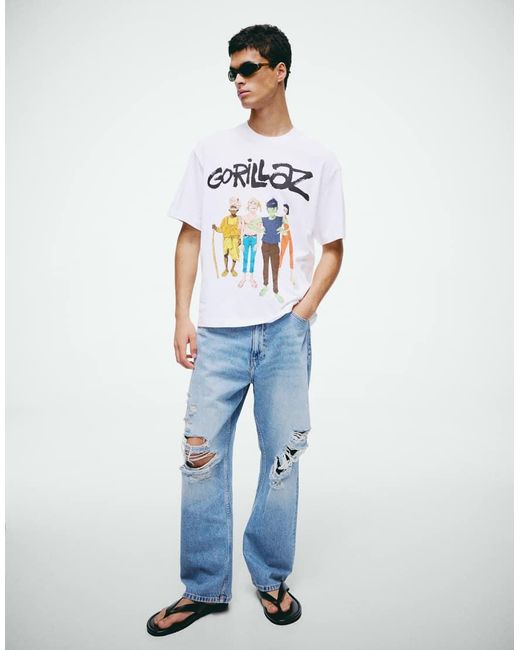 Bershka White Relaxed Fit Gorillaz Print T-shirt for men