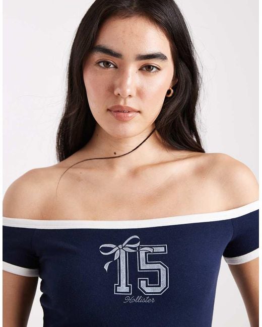 Hollister Blue Short Sleeve Off The Shoulder Graphic T-shirt