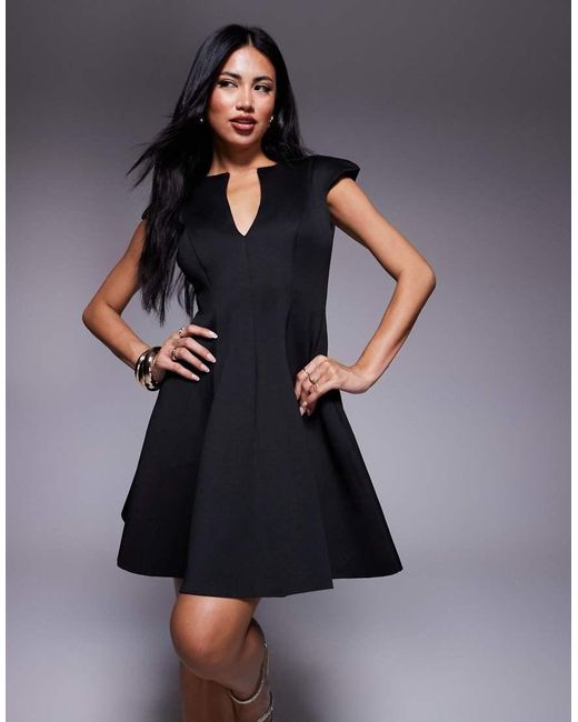 Goddiva Black Cap Sleeve Plunging V Neckline Skater Mini Dress