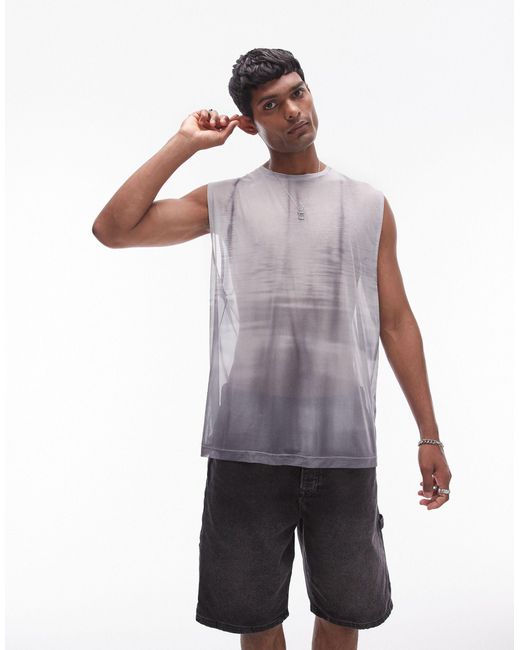 T-shirt oversize sans manches en tulle avec imprimé teint par sections Topman pour homme en coloris Black