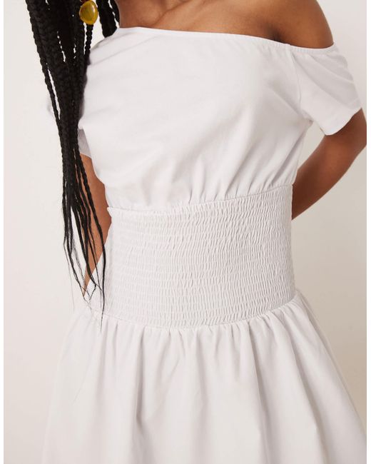 ASOS White Shirred Off Shoulder Flippy Mini Dress With Poplin Skirt