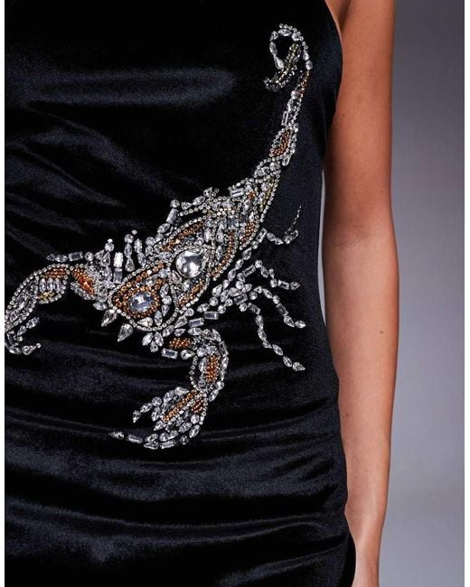 ASOS Blue Velvet Midi Dress With Scorpion Embellishment
