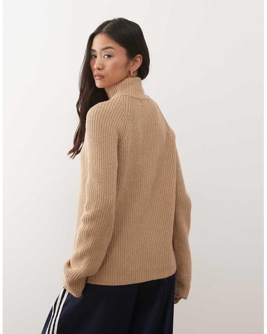 Monki Natural Ribbed Knitted Two Way Zip Cardigan