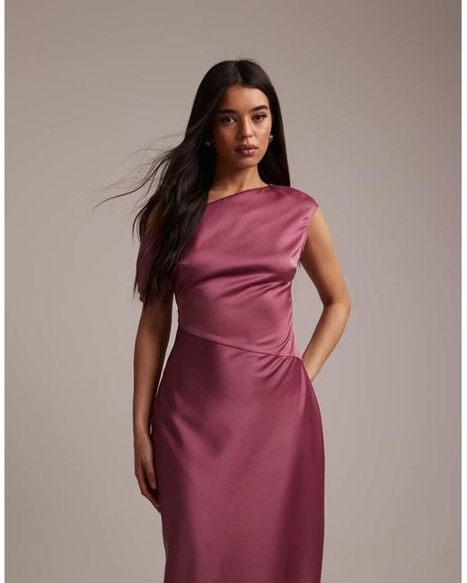 Six Stories Pink Bridesmaids Satin Asymmetric Off Shoulder Maxi Dress