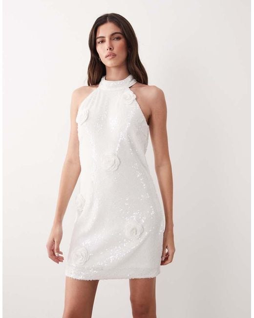 Y.A.S White Halter Neck Sequin Mini Dress With 3d Floral Applique