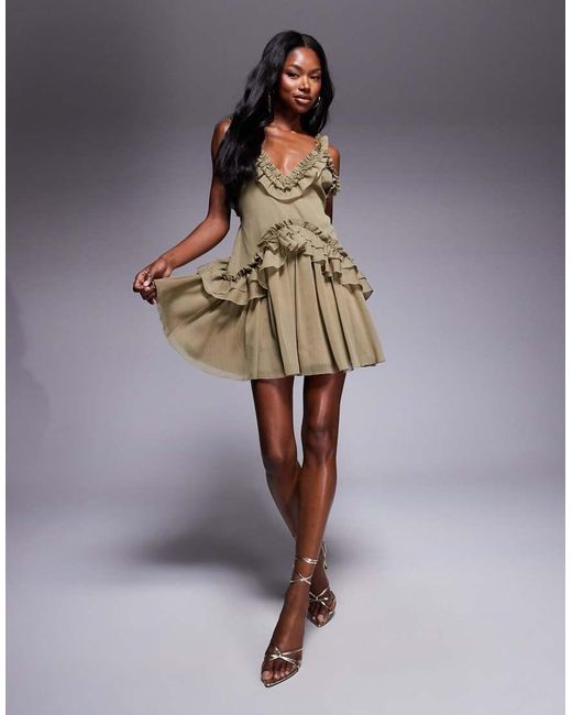 ASOS Brown Ruffle Strap Detail Mini Dress With Trim
