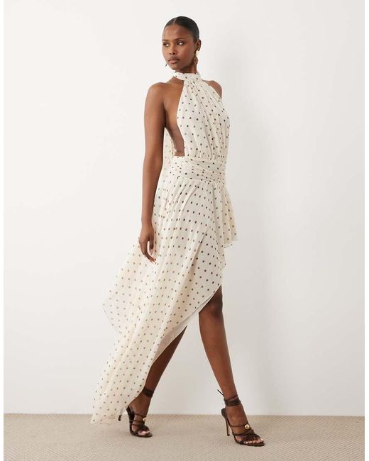 Oh Polly Chiffon Halter Neck Asymmetric Skirt Detail Maxi Dress in Natural